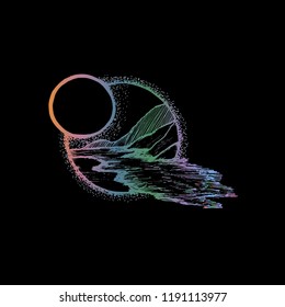 Gradient illustration is a good idea for a tattoo. Sun, water, silhouettes of mountains. Going beyond.