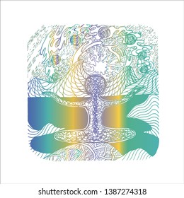 Gradient illustration of a man meditating on nature. Everything plays the game of life.