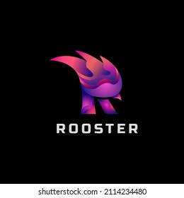 Gradient illustration of a rooster logo and the letter R