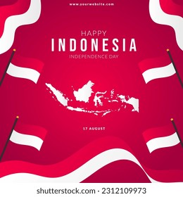 Gradiente indonesia Día de la Independencia ilustración plantilla de medios sociales con bandera ondulada y mapas de indonesia vector