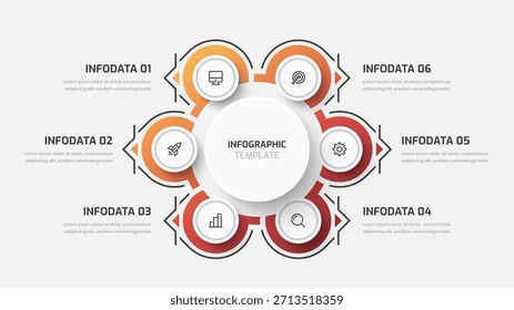 Plantilla de infografía de degradado con etiqueta circular, línea, seis opciones e iconos para presentación