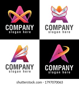 letra inicial de gradiente A con el logotipo de negocio de alas. colección de logotipos de empresa de consultoría