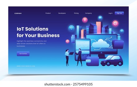 Gradient IoT landing page template with people and big devices