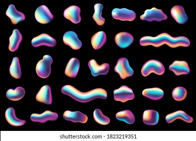 Gradient iridescent shapes. Abstract bright fluid rainbow metallic coloring elements, organic holographic bubbles. Neon futuristic 3d realistic dynamic forms texture modern futuristic 80s vector set