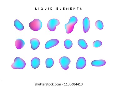 Gradient iridescent shapes. Set isolated liquid elements of holographic chameleon design palette of shimmering colors. Modern abstract pattern, bright colorful paint splash fluid.
