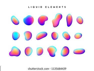 Gradient iridescent shapes. Set isolated liquid elements of holographic chameleon design palette of shimmering colors. Modern abstract pattern, bright colorful paint splash fluid.