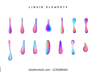 Gradient iridescent shapes. Set isolated liquid elements of holographic chameleon design palette of shimmering colors. Modern abstract pattern, bright colorful paint splash fluid.