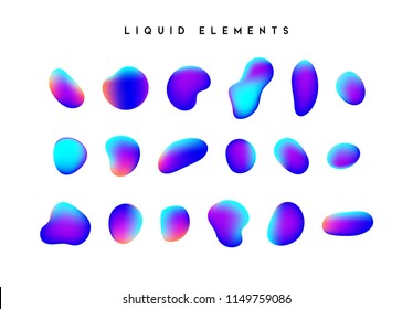 Gradient iridescent shapes. Set isolated liquid elements of holographic chameleon design palette of shimmering colors. Modern abstract pattern, bright colorful paint splash fluid.