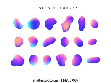 Gradient iridescent shapes. Set isolated liquid elements of holographic chameleon design palette of shimmering colors. Modern abstract pattern, bright colorful paint splash fluid.
