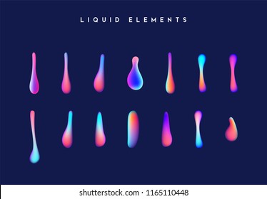 Gradient iridescent shapes. Set isolated liquid elements of holographic chameleon design palette of shimmering colors. Modern abstract pattern, bright colorful paint splash fluid.