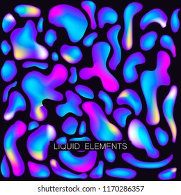 Gradient iridescent shapes. Set isolated liquid elements of holographic chameleon design palette of shimmering colors. Modern abstract pattern, bright colorful paint splash fluid.