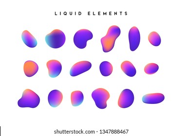 Gradient iridescent shapes. Set isolated liquid elements of holographic chameleon design palette of shimmering colors. Modern abstract pattern, bright colorful paint splash fluid.