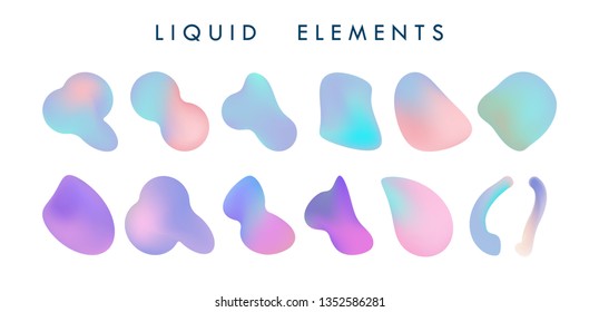 Gradient iridescent shapes. Set isolated liquid elements of holographic chameleon design palette of shimmering colors. Modern abstract pattern, bright colorful paint splash fluid.