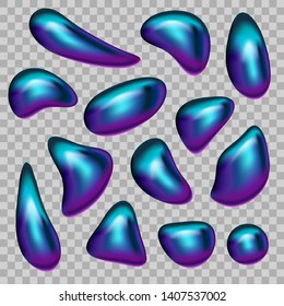 Gradient iridescent shapes. Set isolated liquid elements of holographic colors. Modern abstract pattern, bright colorful paint splash fluid.