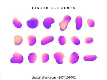 Gradient iridescent shapes. Set isolated liquid elements of holographic chameleon design palette of shimmering colors. Modern abstract pattern, bright colorful paint splash fluid.