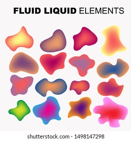 Gradient iridescent shapes. Set isolated  bright colorful paint splash fluid. liquid elements of rainbow colors.
