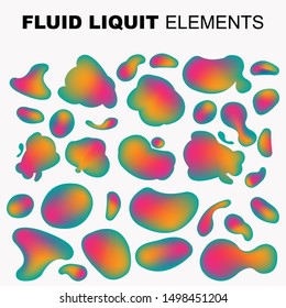Gradient iridescent shapes. Set isolated  bright colorful paint splash fluid. liquid elements of rainbow colors.
