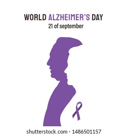 Gradient isolated silhouettes of old woman and man with lilac text September 21 World Alzheimer's day on a white background.