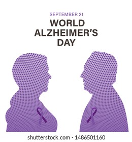 Gradient isolated silhouettes of old woman and man with lilac text September 21 World Alzheimer's day on a white background.