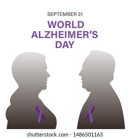 Gradient isolated silhouettes of old woman and man with lilac text September 21 World Alzheimer's day on a white background.