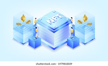 Gradient isometric nft concept. Crypto art Non fungible token illustration. Woman and man manage Cryptocurrency machine. Ethereum coin. Suitable for ui, ux, web, mobile, banner and infographic.