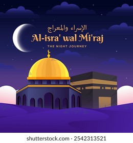 gradient isra miraj illustration design with al aqsa mosque and kaaba