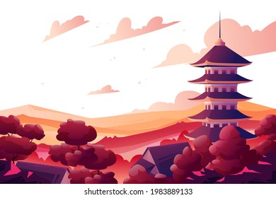 gradient Japanese temple with the sun.Vector banners, beautiful landscape sunset in Bali. Orange, red, blue abstract gradient background, Flat, Backgrounds Illustration Design. vector design.EPS 10 