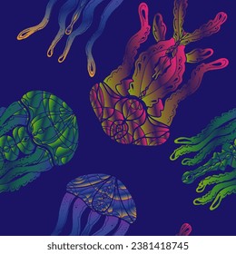 Gradient jellyfish. Vector seamless pattern