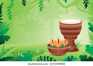 Gradient jungle background with drum and tropical leaves