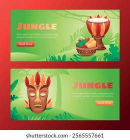 Gradient jungle horizontal banner template set collection with mask and drum