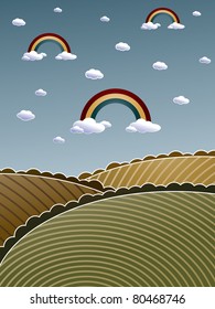 gradient landscape background with clouds and rainbows
