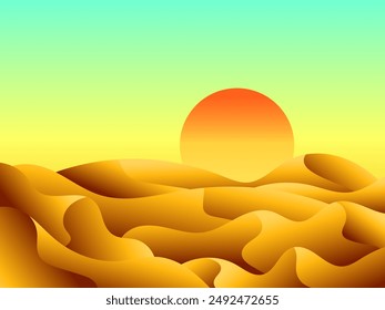 Gradient landscape, sunset in the desert. Sun over sand dunes. Sunrise in the desert in minimalist style. Design of covers, posters, banners and booklets. Vector illustration