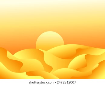 Gradient landscape, sunset in the desert. Sun over sand dunes. Sunrise in the desert in minimalist style. Design of covers, posters, banners and booklets. Vector illustration