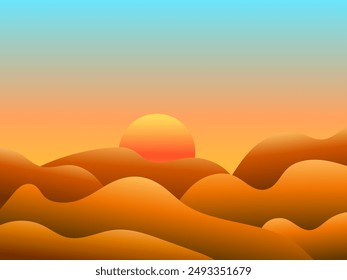 Gradient landscape, sunset in the desert. Sun over sand dunes. Sunrise in the desert in minimalist style. Design of covers, posters, banners and booklets. Vector illustration