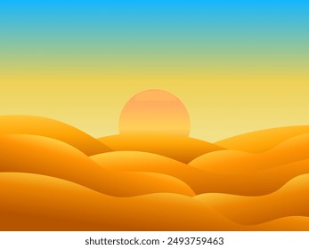 Gradient landscape, sunset in the desert. Sun over sand dunes. Sunrise in the desert in minimalist style. Design of covers, posters, banners and booklets. Vector illustration