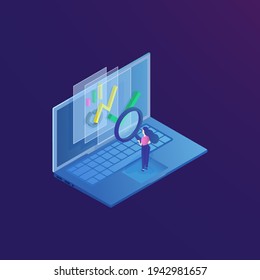gradient laptop, documents, magnifying glass and woman. tiny people with magnifying glass analyze financial internal market on laptop. large page with analytic data on display. blue and violet color