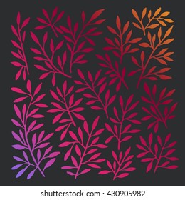 Gradient leaves set on black background. Hand drawn floral elements.