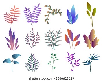 Gradient leaves set. Violet, blue and green foliage and branches. Fantasy and imagination. Botanical tropical and exotic plants. Flat vector collection isolated on white background