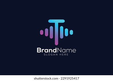 Plantilla de diseño de logotipo de ondas de sonido T de letras degradadas