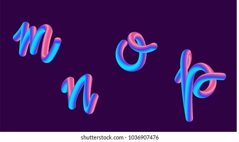 Gradient lettering holographic. Font set with letter m, n, o, p. Vibrant gradient shape. Liquid color path. Typography vector illustration. Bubble font with glint. Futuristic style vector 10 EPS.