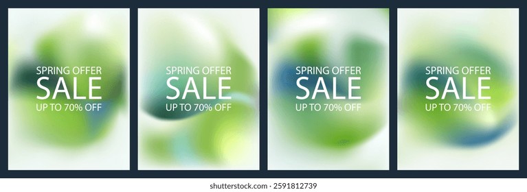 Gradient light background set. Square poster, organic green pattern design. Soft sunny garden spring summer presentation template. Fluid liquid graphic 3d design, pastel noise mesh eco social banner.