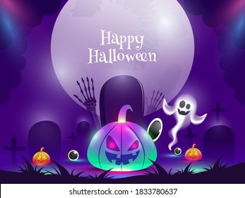 Gradient Light Effect Jack-O-Lanterns with Cartoon Ghost, Eyeballs, Skeleton Hands and Graveyard on Full Moon Purple Background for Happy Halloween.