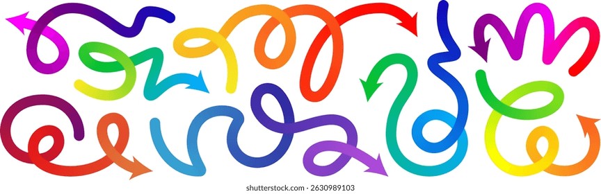 Gradient line arrow vector set. Curved shape doodle icon element, gradation squiggly brush bg. Up and down direction scribble stroke carnival pattern. Change plan graphic sign, color circle curly bold