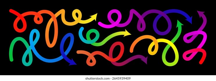 Gradient line arrow vector set. Curved shape doodle icon element, gradation squiggly brush bg. Up and down direction scribble stroke carnival pattern. Change plan graphic sign, color circle curly bold