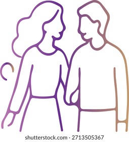 Ilustração de arte em linha de gradiente de um casal amoroso de mãos dadas, representando relacionamentos, conexão, afeto e união em um estilo moderno, simples e minimalista.