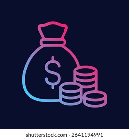 Gradient line art money sack and coins. Icon symbol illustration