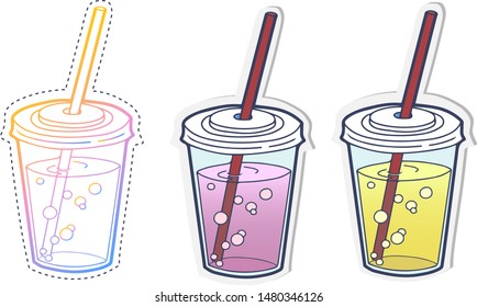 Gradient line drawing and sticker of cartoon lemonade, soda or fruit cocktail. Isolated vector illustration, icon on white background  for banner or brochure