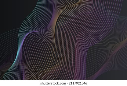 Gradient Line Energy Vector Black Background. Rainbow Wave Music Texture. Blend Modern Template. Neon Flow Light Cover.