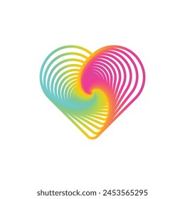 Gradient line heart logo with twisting effect. Hearts in twisted shape. Dynamic optical illusion. Icon design element isolated on white background. Vector graphic illustration.