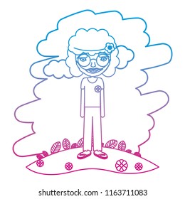gradient line hippie man with curly hair in the landscape